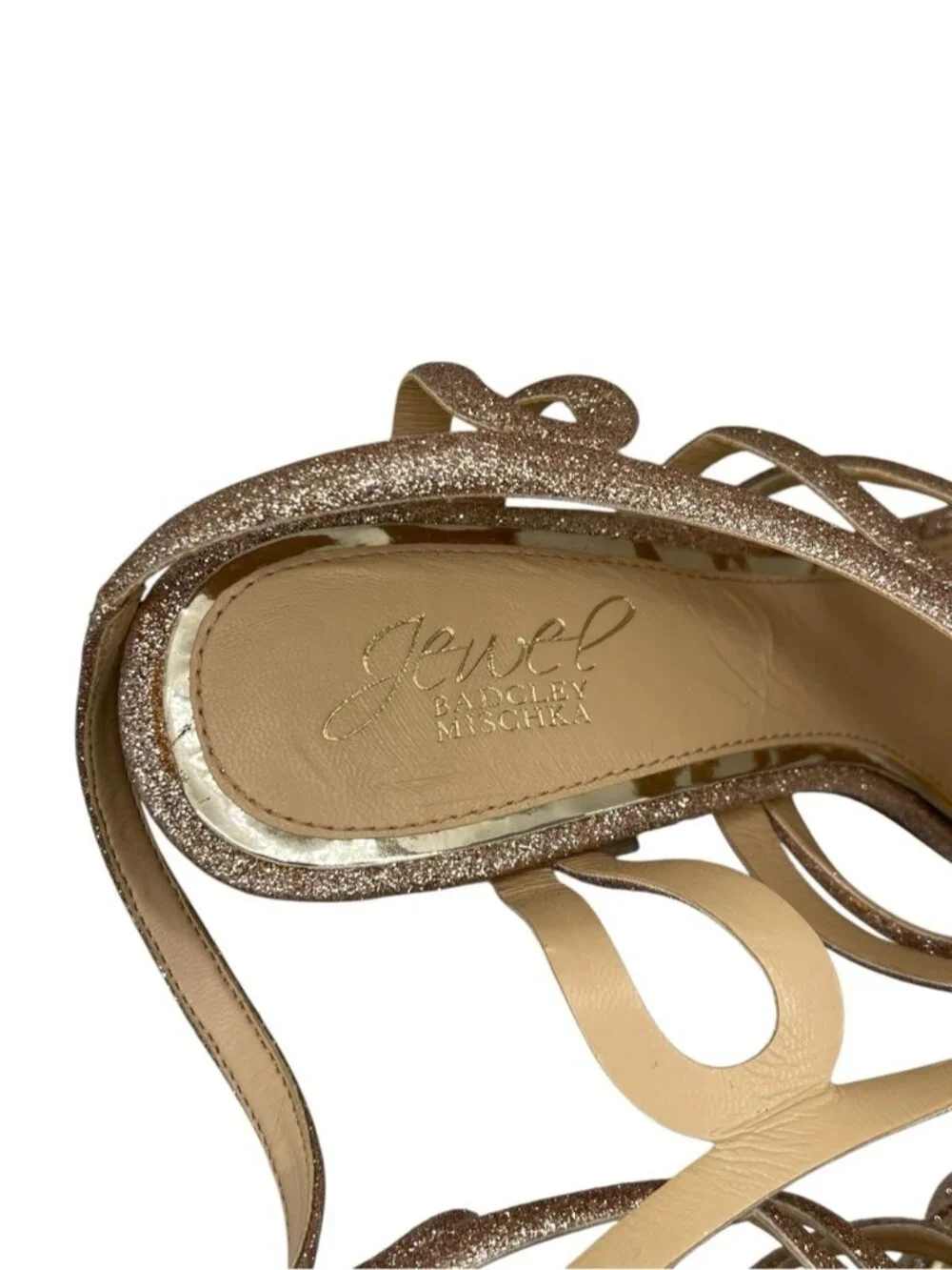 Jewel Badgley Mischka Heeled Sandals 8 US Rose Gold Shari Glitter Caged